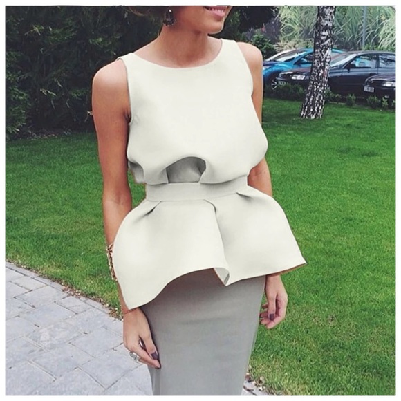 Tops - Eggshell White Gathered Scuba Fabric Peplum Top